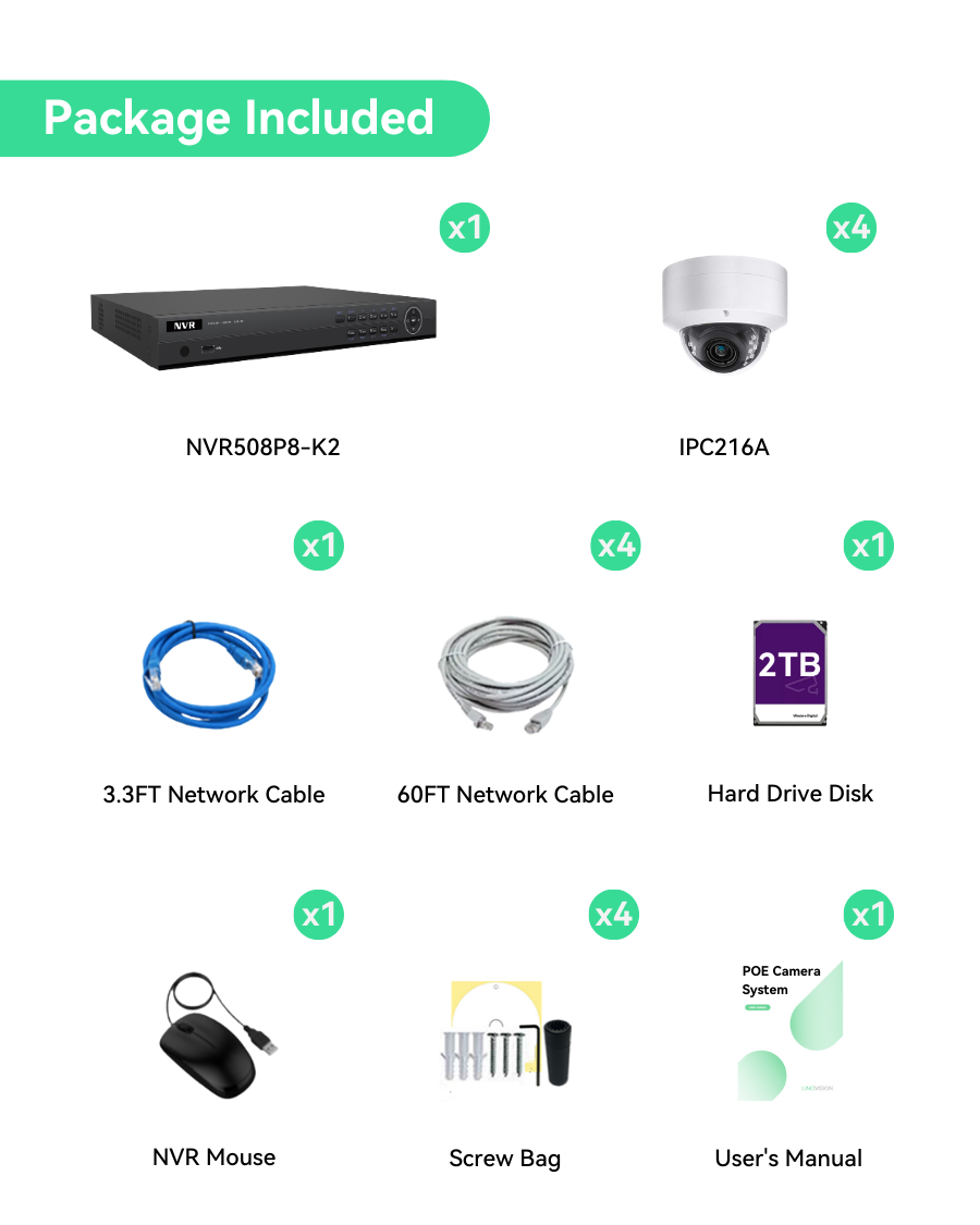 4K(8CH) 2TB PoE NVR System with 4*6MP Night Vision PoE Dome Security Cameras