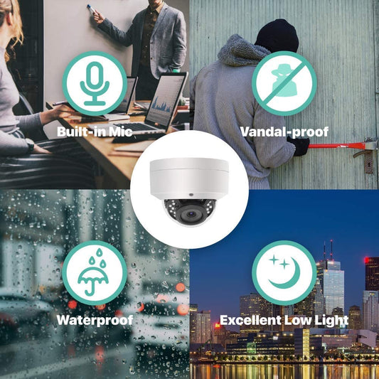 5MP POE IP Dome Security Camera with Audio, 2.8mm Wide Angle, 100ft IR Outdoor Security Camera Vandal-Proof and IP66 Waterproof with Remote Access
