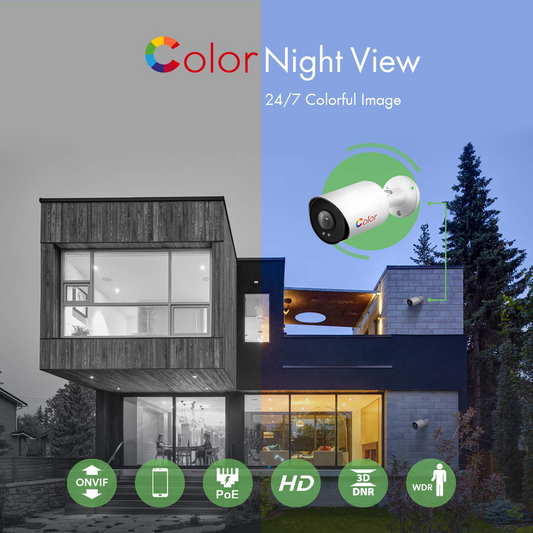 4K ColorVu POE IP Bullet Camera support 24hr color night vision with warm white LED and ONVIF NDAA Compliant for commercial video surveillance (IPC208C)