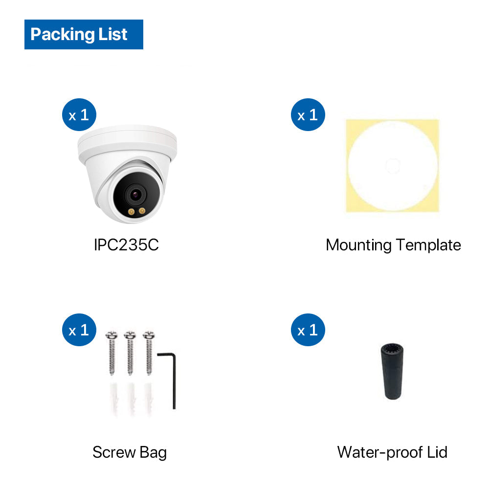 5MP ColorVu POE IP Turret Camera support 24hr color night vision with warm white LED and ONVIF NDAA Compliant for commercial video surveillance (IPC235C)