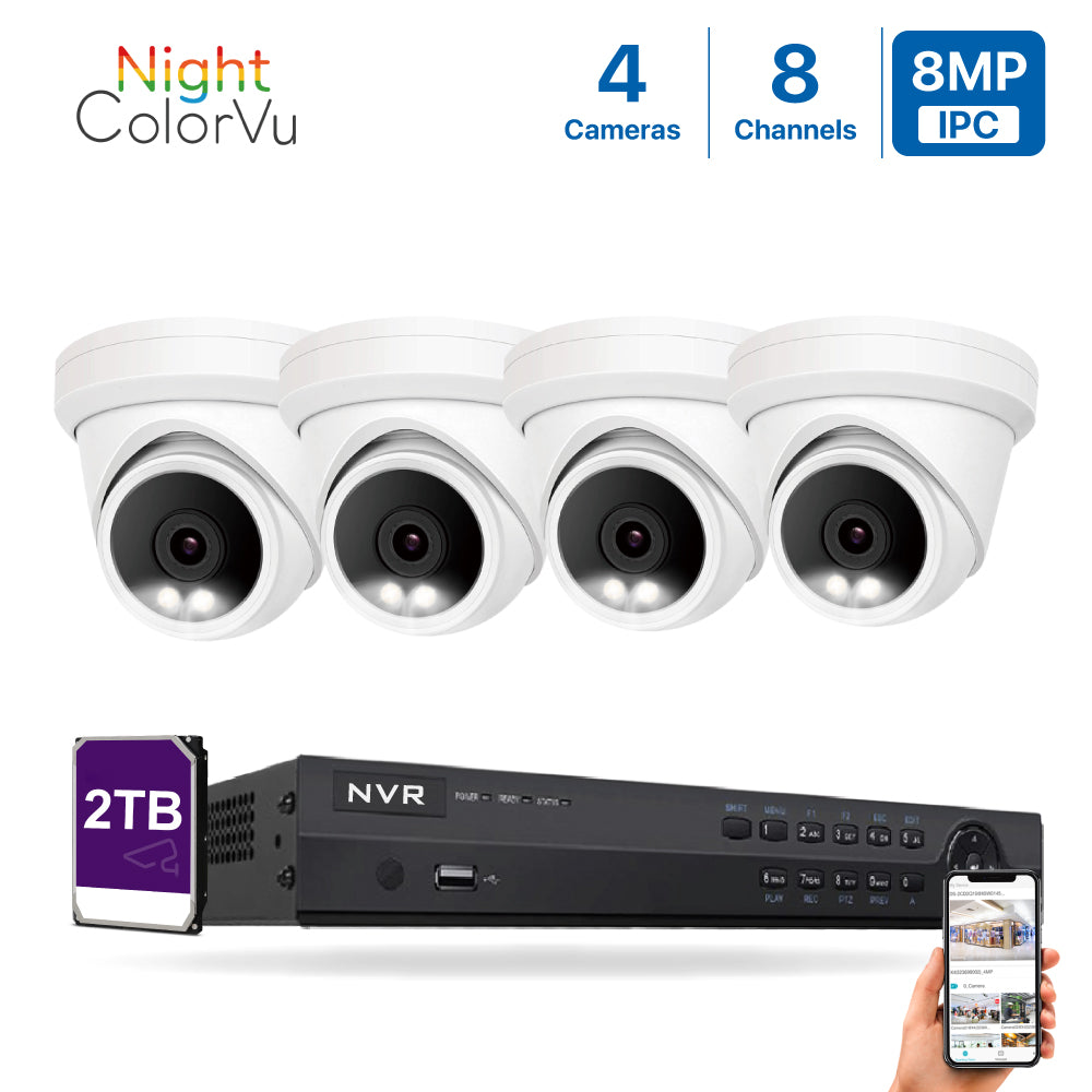 4K(8CH) 2TB PoE NVR System with 4*8MP Night ColorVu PoE Turret Security Cameras