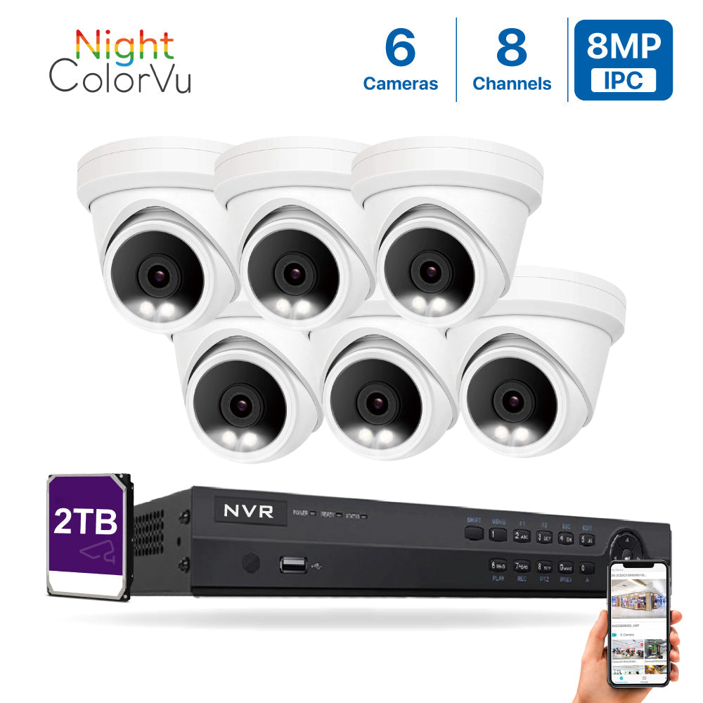 4K(8CH) 2TB PoE NVR System with 6*8MP Night ColorVu PoE Turret Security Cameras