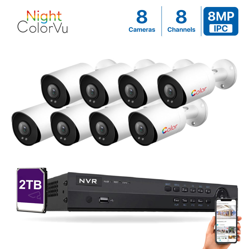 4K(8CH) 2TB PoE NVR System with 8*8MP Night ColorVu PoE Bullet Security Cameras