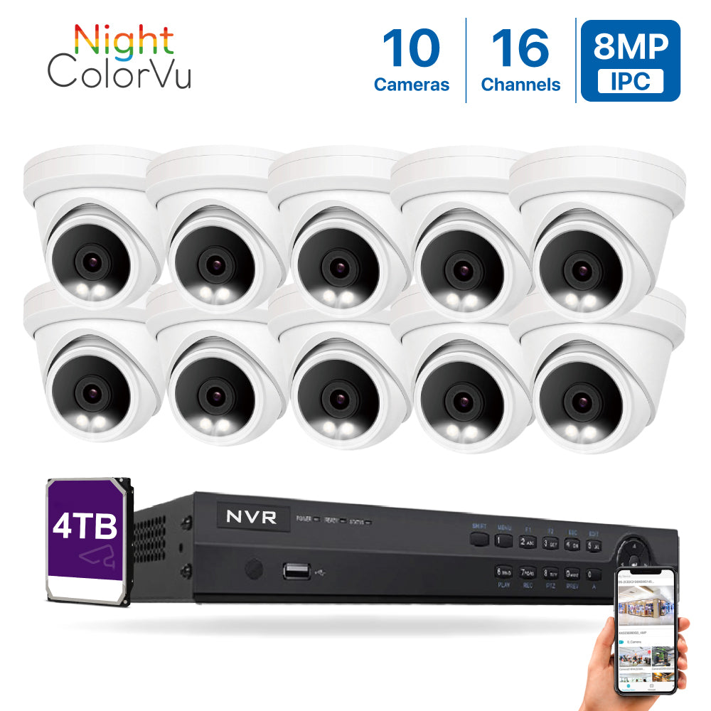 4K(16CH) 4TB PoE NVR System with 10*8MP Night ColorVu PoE Turret Security Cameras