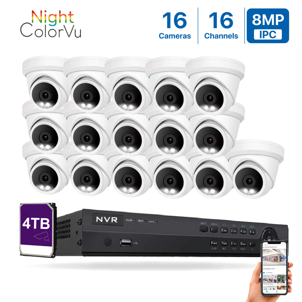 4K(16CH) 4TB PoE NVR System with 16*8MP Night ColorVu PoE Turret Security Cameras