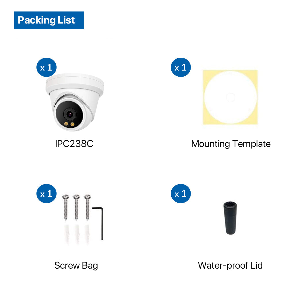 4K ColorVu POE IP Turret Camera support 24hr color night vision with warm white LED and ONVIF NDAA Compliant for commercial video surveillance (IPC238C)
