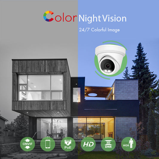 5MP ColorVu POE IP Turret Camera support 24hr color night vision with warm white LED and ONVIF NDAA Compliant for commercial video surveillance (IPC235C)