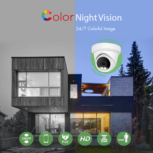 4K ColorVu POE IP Turret Camera support 24hr color night vision with warm white LED and ONVIF NDAA Compliant for commercial video surveillance (IPC238C)