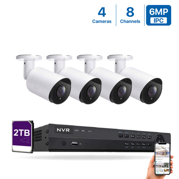 8 Channel 6MP PoE IP Camera System 8CH 4K NVR and 4 Pcs 6MP PoE Bullet Security Cameras with 2TB HDD