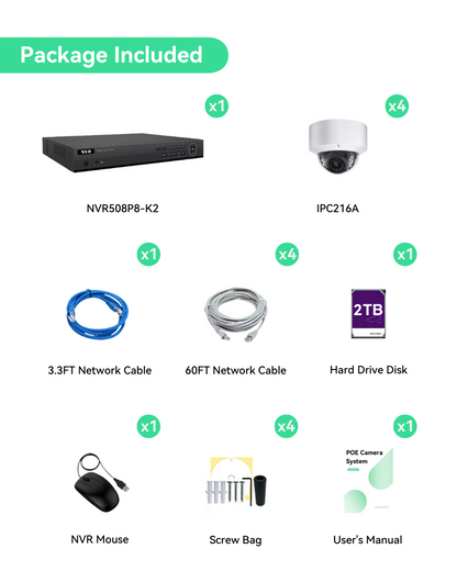4K(8CH) 2TB PoE NVR System with 4*6MP Night Vision PoE Dome Security Cameras
