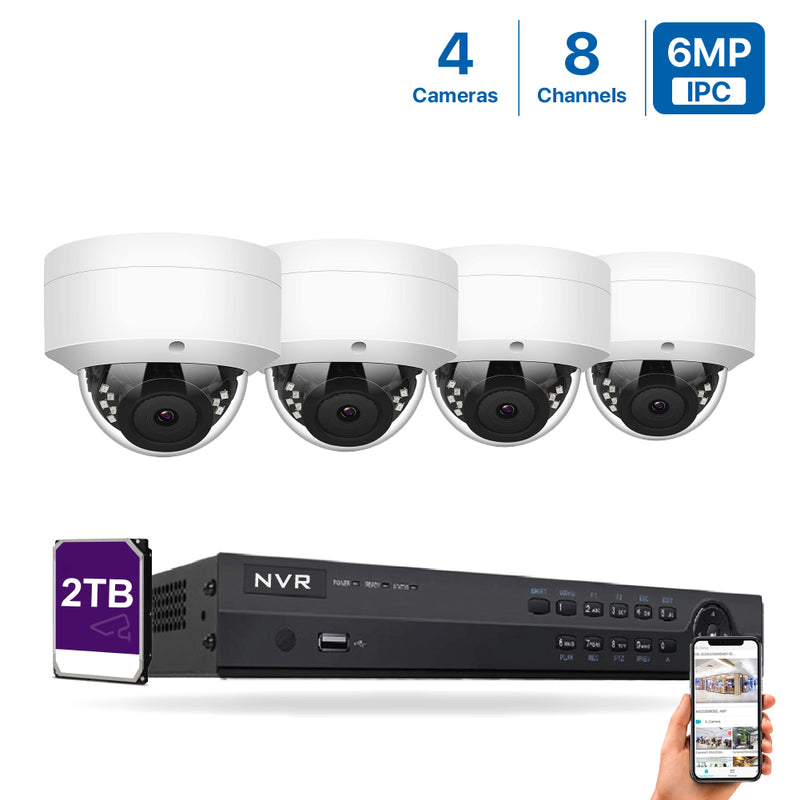 4K(8CH) 2TB PoE NVR System with 4*6MP Night Vision PoE Dome Security Cameras