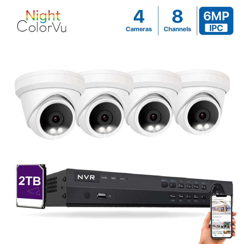 8 Channel 6MP PoE IP Camera System 8CH 4K NVR and 4 Pcs 6MP Night ColorVu PoE Turret Security Cameras with 2TB HDD
