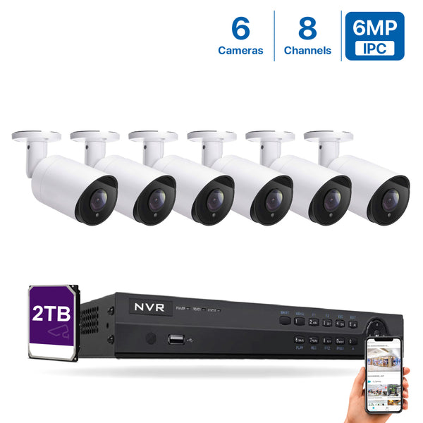 8 Channel 6MP PoE IP Camera System 8CH 4K NVR and 6 Pcs 6MP PoE Bullet Security Cameras with 2TB HDD