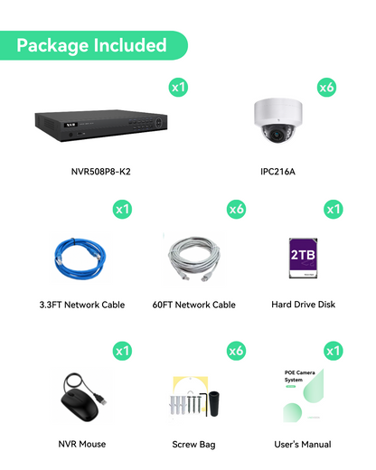 4K(8CH) 2TB PoE NVR System with 6*6MP Night Vision PoE Dome Security Cameras