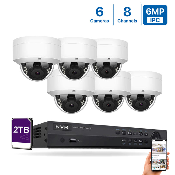 4K(8CH) 2TB PoE NVR System with 6*6MP Night Vision PoE Dome Security Cameras