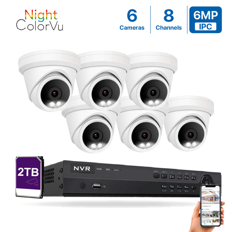 8 Channel 5MP PoE IP Camera System 8CH 4K NVR and 6 Pcs 5MP Night ColorVu PoE Turret Security Cameras with 2TB HDD