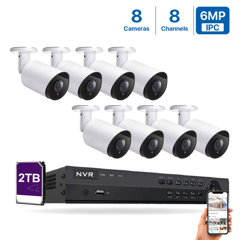 8 Channel 6MP PoE IP Camera System 8CH 4K NVR and 8 Pcs 6MP PoE Bullet Security Cameras with 2TB HDD