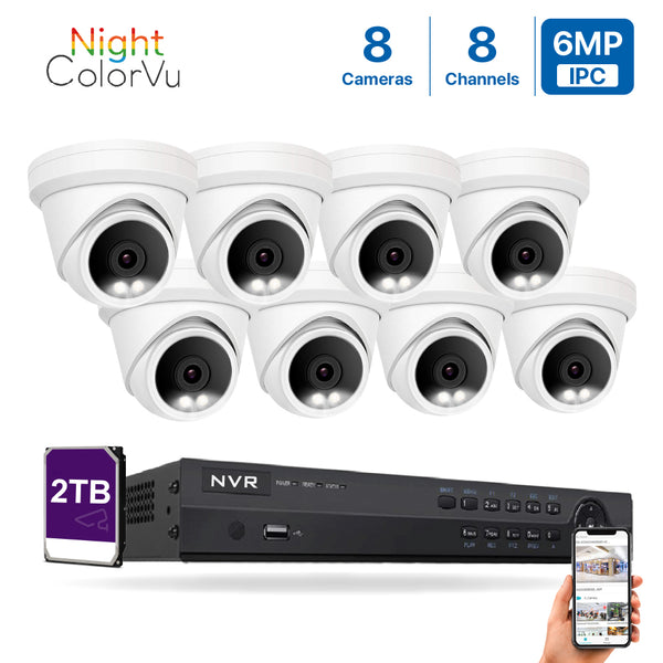 8 Channel 6MP PoE IP Camera System 8CH 4K NVR and 8 Pcs 6MP Night ColorVu PoE Turret Security Cameras with 2TB HDD