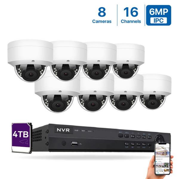 4K(16CH) 4TB PoE NVR System with 8*6MP Night Vision PoE Dome Security Cameras