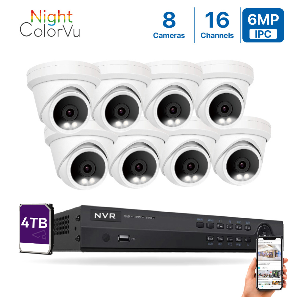 4K(16CH) 4TB PoE NVR System with 8*6MP ColorVu PoE Turret Security Cameras