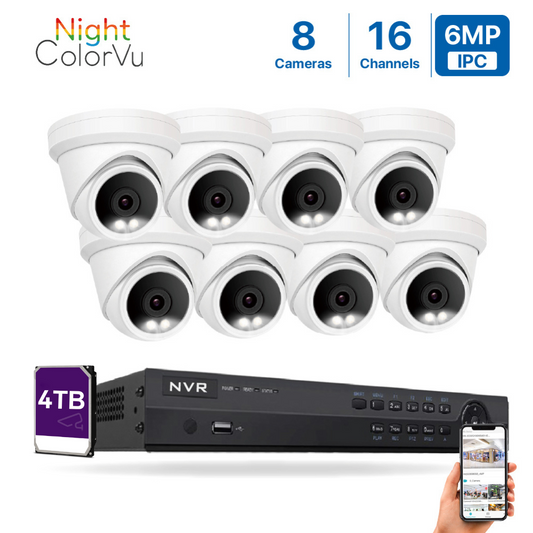 4K(16CH) 4TB PoE NVR System with 8*6MP ColorVu PoE Turret Security Cameras