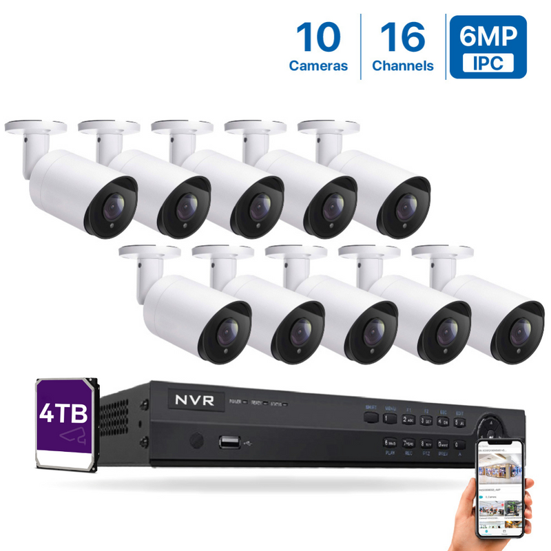16 Channel 6MP PoE IP Camera System 16CH 4K NVR and 10 Pcs 6MP PoE Bullet Security Cameras with 4TB HDD
