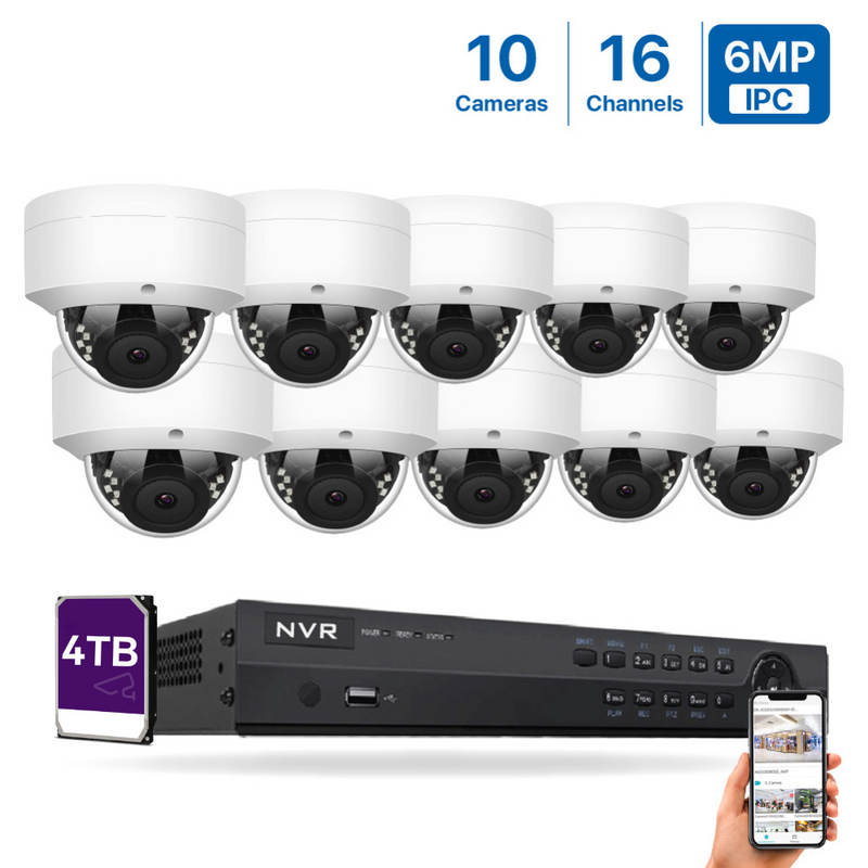 4K(16CH) 4TB PoE NVR System with 10*6MP Night Vision PoE Dome Security Cameras