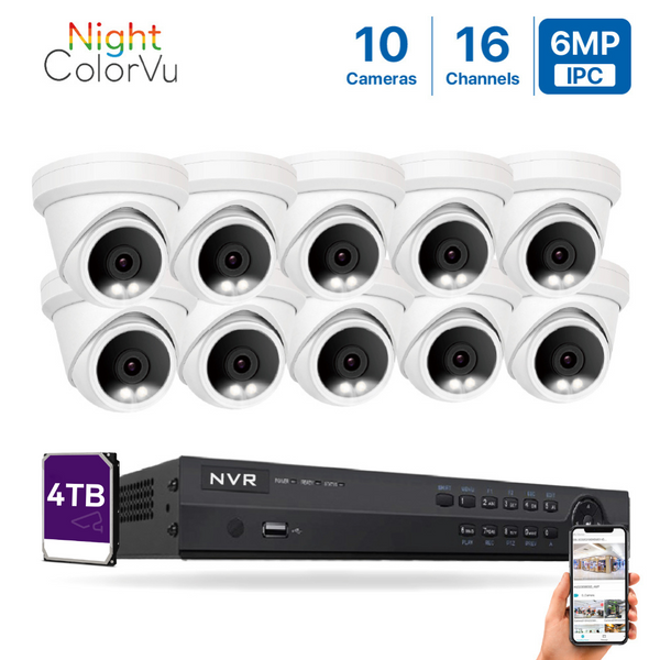 16 Channel 6MP PoE IP Camera System 16CH 4K NVR and 10 Pcs 6MP Night ColorVu PoE Turret Security Cameras with 4TB HDD