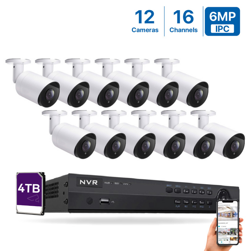 16 Channel 6MP PoE IP Camera System 16CH 4K NVR and 12 Pcs 6MP PoE Bullet Security Cameras with 4TB HDD