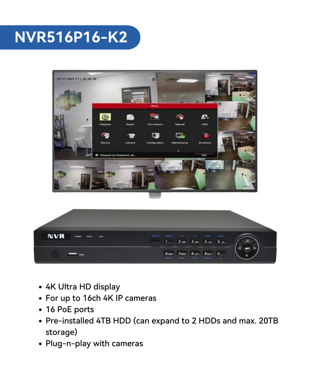 4K(16CH) 4TB PoE NVR System with 12*6MP ColorVu PoE Turret Security Cameras