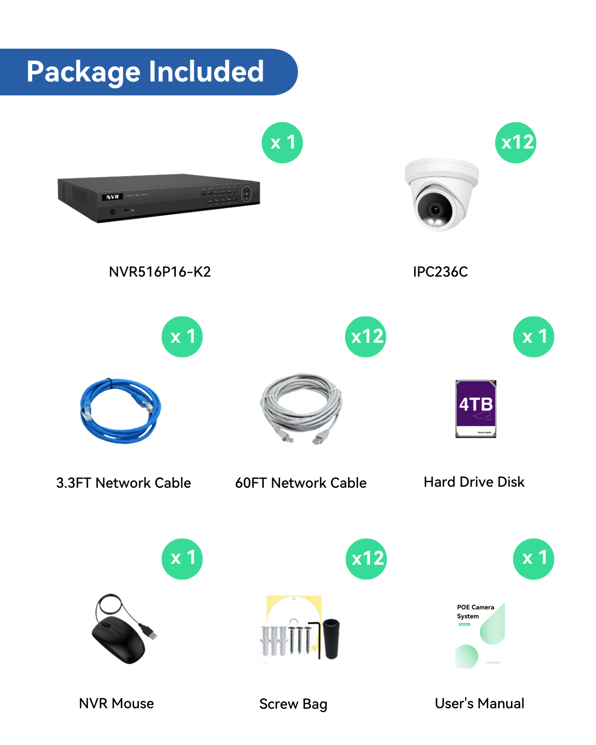 4K(16CH) 4TB PoE NVR System with 12*6MP ColorVu PoE Turret Security Cameras