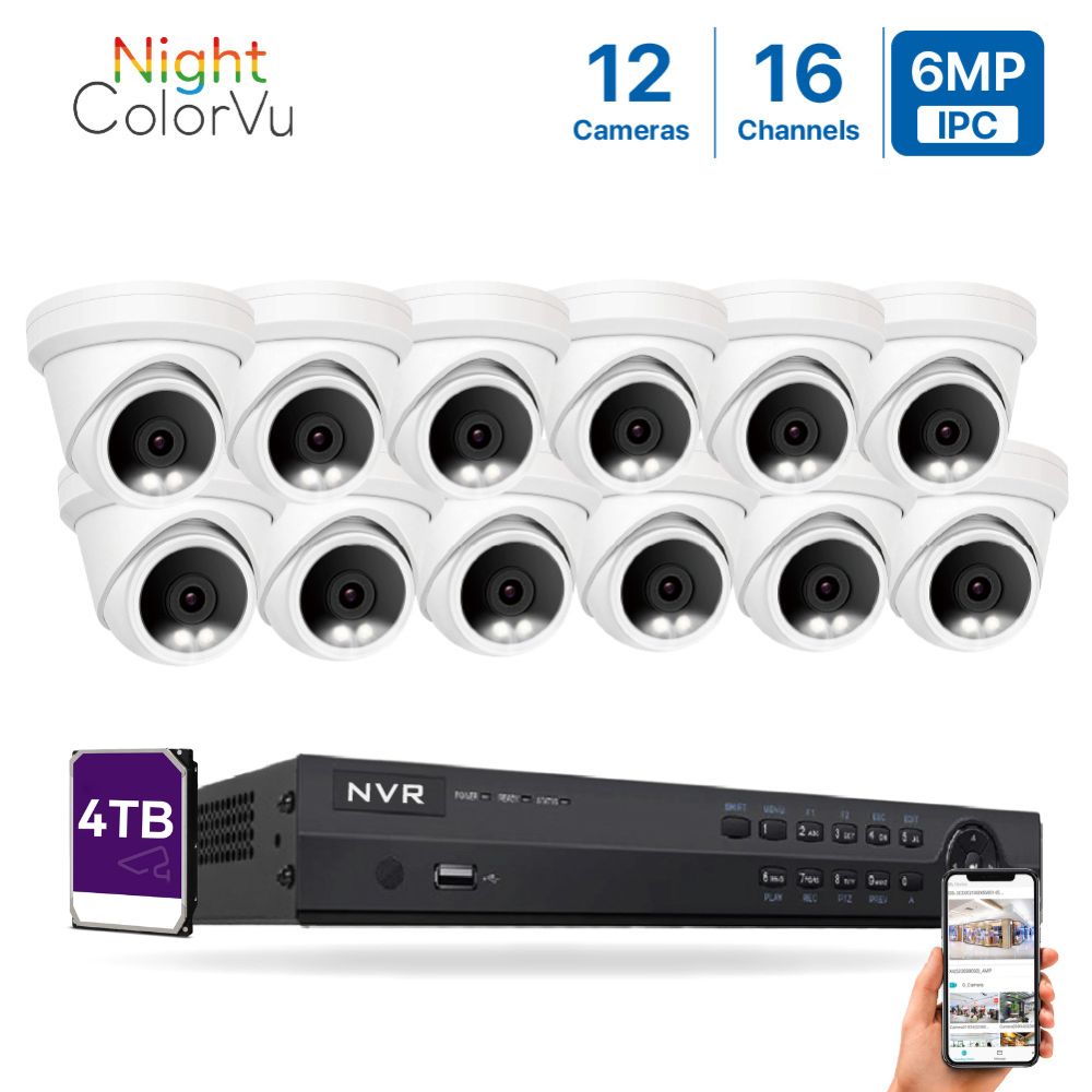 4K(16CH) 4TB PoE NVR System with 12*6MP ColorVu PoE Turret Security Cameras