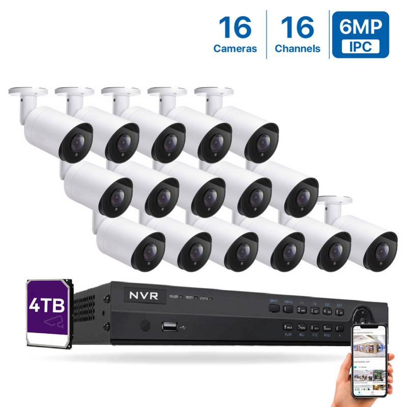 16 Channel 6MP PoE IP Camera System 16CH 4K NVR and 16 Pcs 6MP PoE Bullet Security Cameras with 4TB HDD