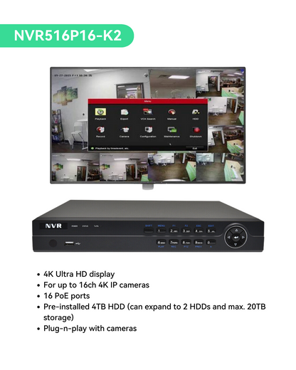 4K(16CH) 4TB PoE NVR System with 16*6MP Night Vision PoE Dome Security Cameras