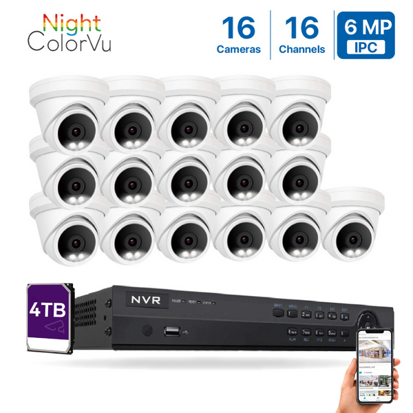 16 Channel 6MP PoE IP Camera System 16CH 4K NVR and 16 Pcs 6MP Night ColorVu PoE Turret Security Cameras with 4TB HDD