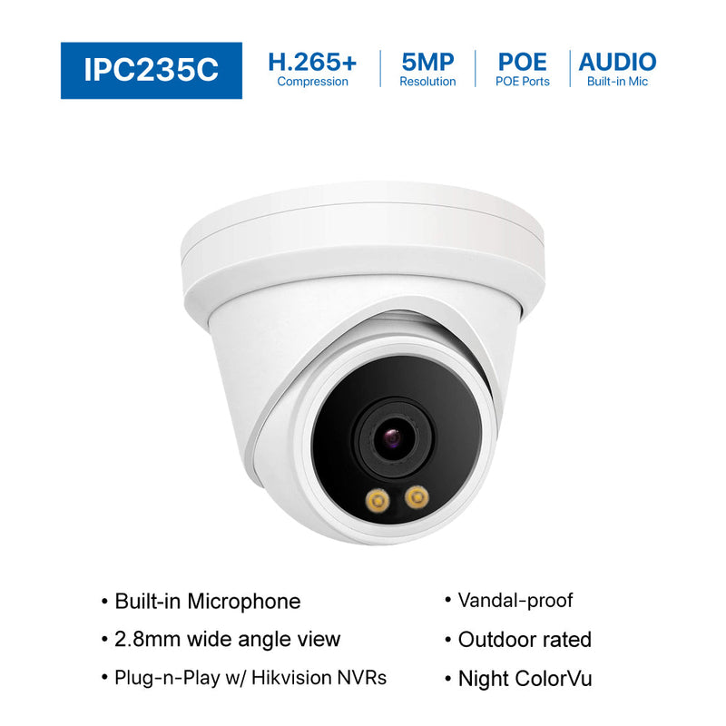 5MP ColorVu POE IP Turret Camera support 24hr color night vision with warm white LED and ONVIF NDAA Compliant for commercial video surveillance (IPC235C)