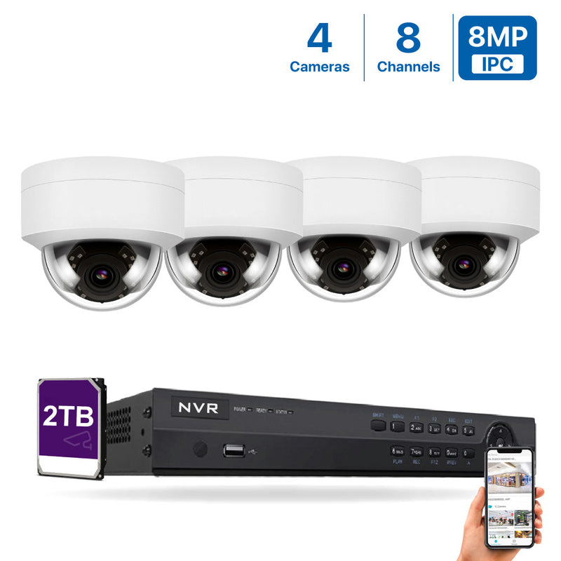 8 Channel 8MP PoE IP Camera System 8CH 4K NVR and 4 Pcs 8MP PoE Dome Security Cameras with 2TB HDD