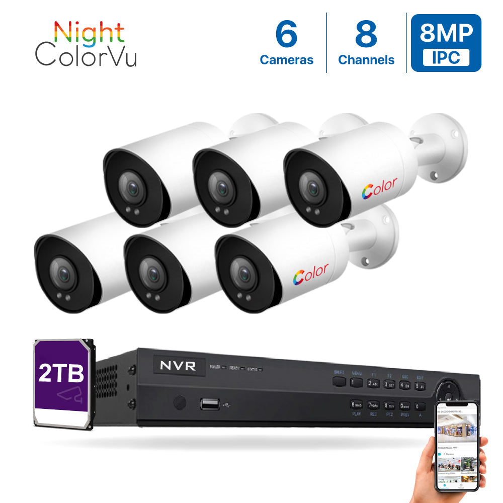 4K(8CH) 2TB PoE NVR System with 6*8MP Night ColorVu PoE Bullet Security Cameras