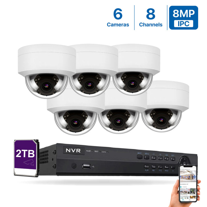 4K(8CH) 2TB PoE NVR System with 6*8MP Night Vision PoE Dome Security Cameras