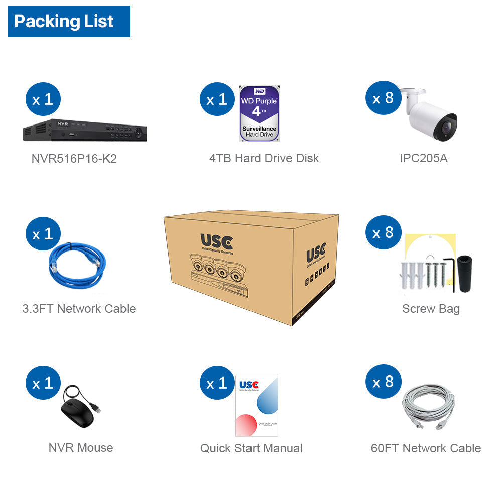16 Channel 6MP PoE IP Camera System 16CH 4K NVR and 8 Pcs 5MP PoE Bullet Security Cameras with 4TB HDD