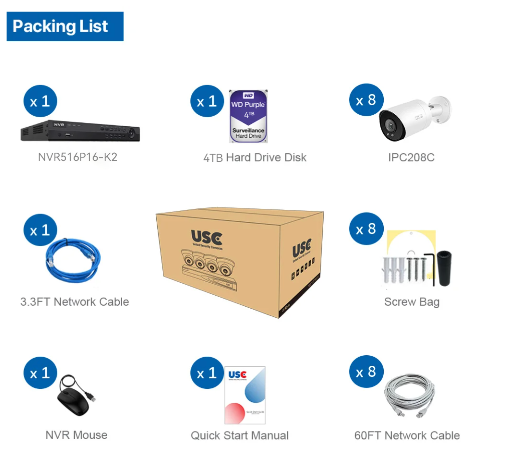 4K(16CH) 4TB PoE NVR System with 8*8MP Night ColorVu PoE Bullet Security Cameras
