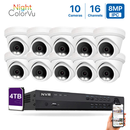4K(16CH) 4TB PoE NVR System with 10*8MP Night ColorVu PoE Turret Security Cameras