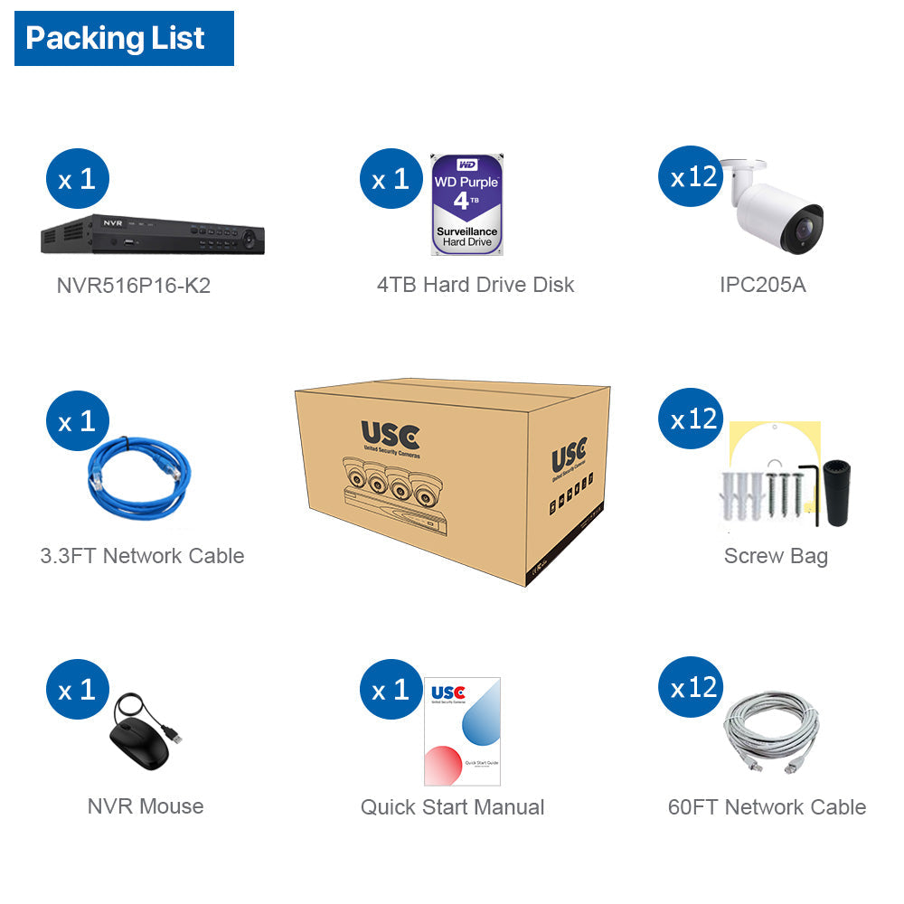 16 Channel 6MP PoE IP Camera System 16CH 4K NVR and 12 Pcs 6MP PoE Bullet Security Cameras with 4TB HDD