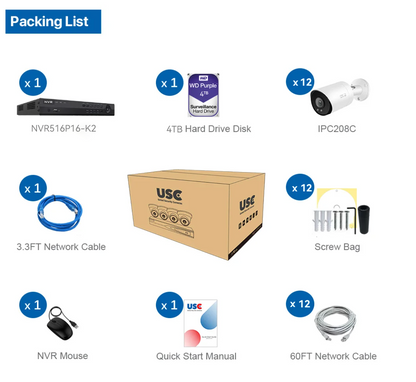 4K(16CH) 4TB PoE NVR System with 12*8MP Night ColorVu PoE Bullet Security Cameras