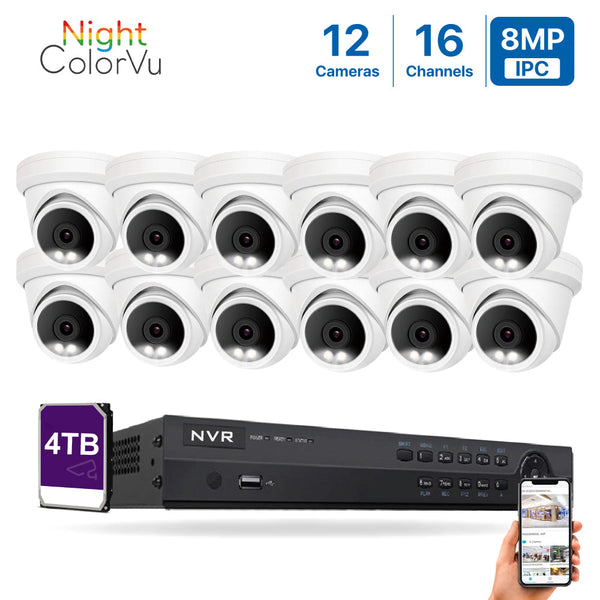 4K(16CH) 4TB PoE NVR System with 12*8MP Night ColorVu PoE Turret Security Cameras