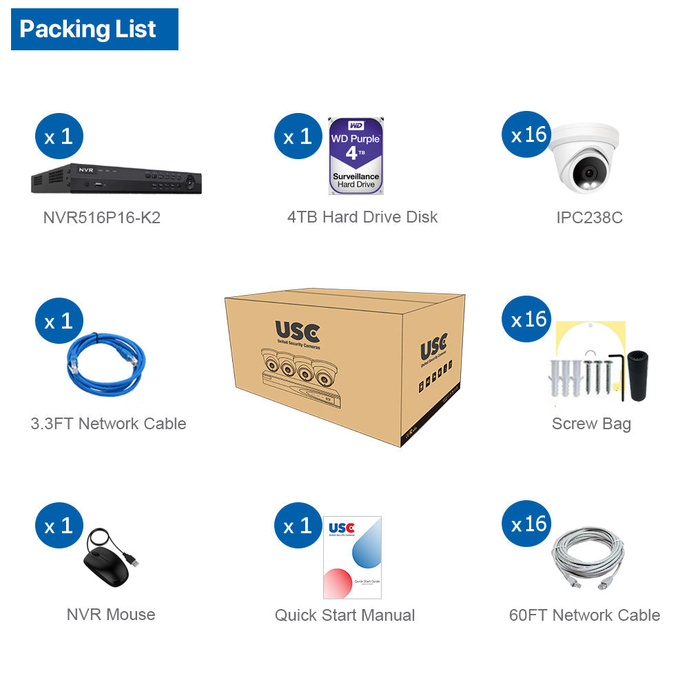 4K(16CH) 4TB PoE NVR System with 16*8MP Night ColorVu PoE Turret Security Cameras