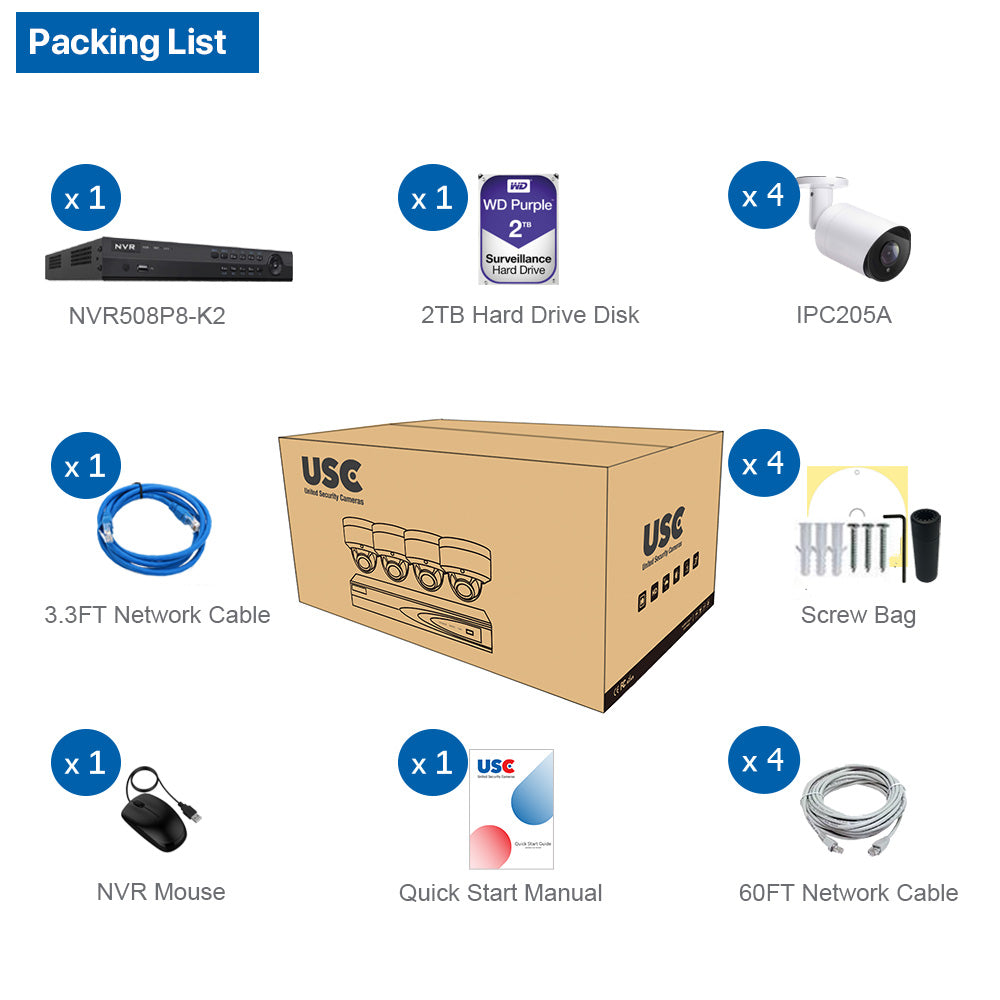 8 Channel 6MP PoE IP Camera System 8CH 4K NVR and 4 Pcs 6MP PoE Bullet Security Cameras with 2TB HDD
