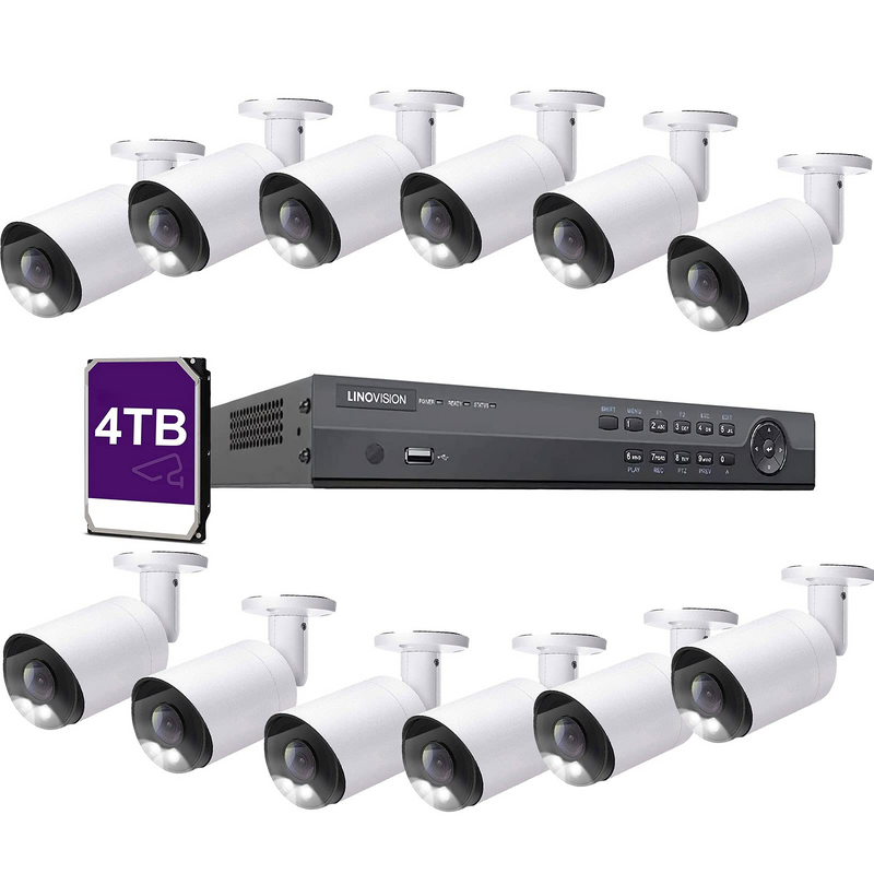 4K(16CH) 4TB PoE NVR System with 12*8MP Night ColorVu PoE Bullet Security Cameras